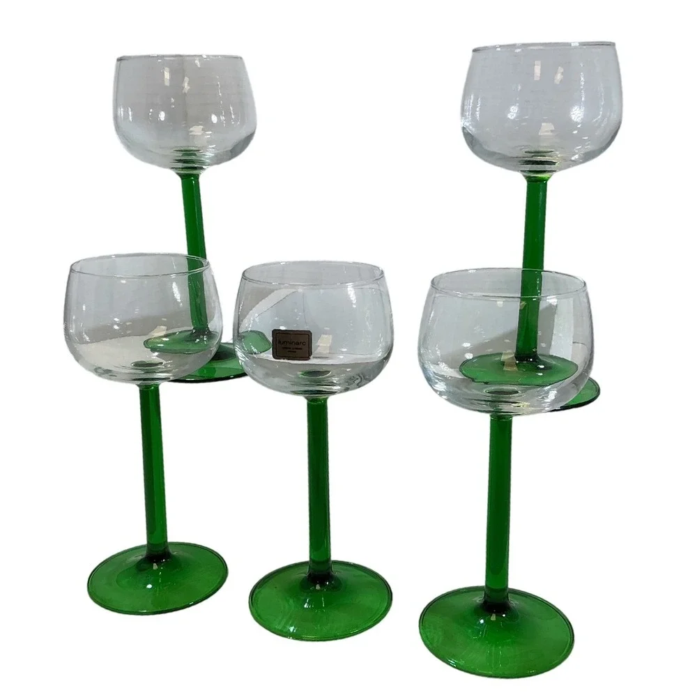 Luminarc France Domino Green Wine Glasses Set of 5 Emerald Green Stem MCM 7.5in